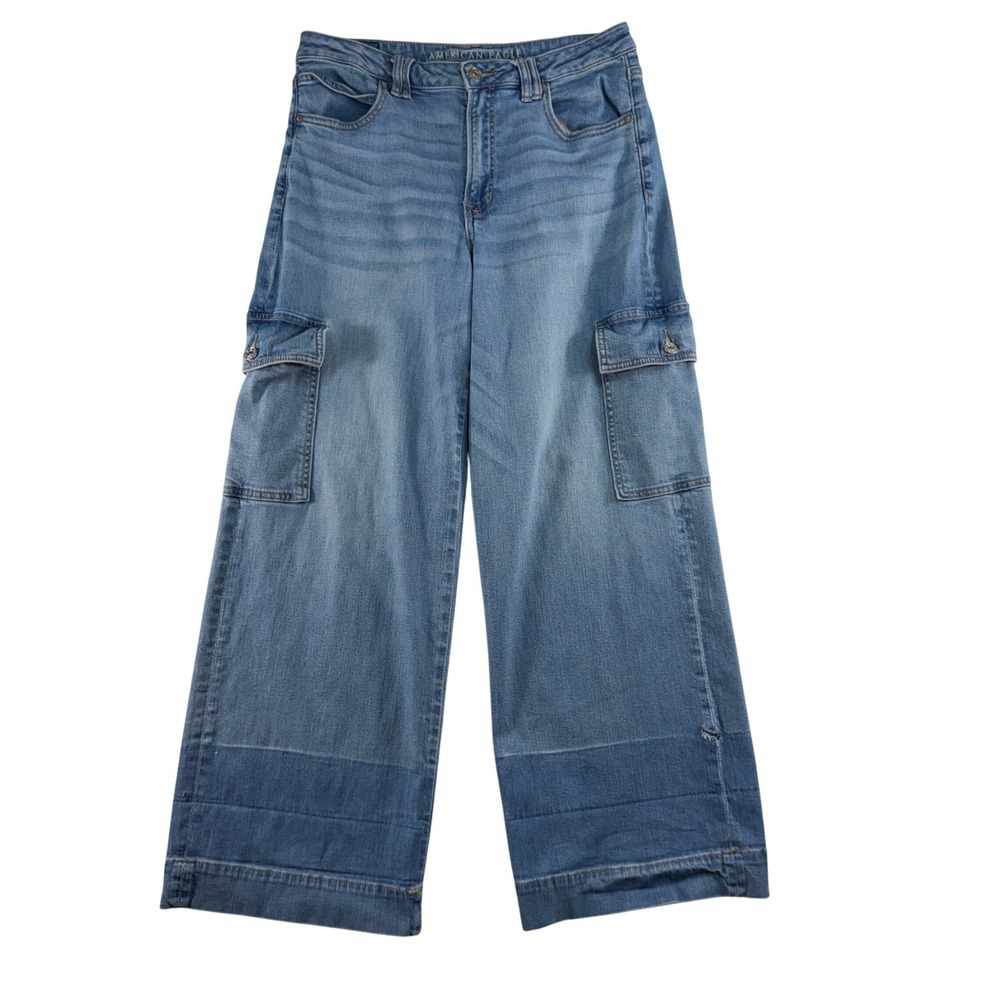 American Eagle 12 Super High Rise Baggy Wide Leg Cargo Stretch Jeans Light Blue - Picture 2 of 16